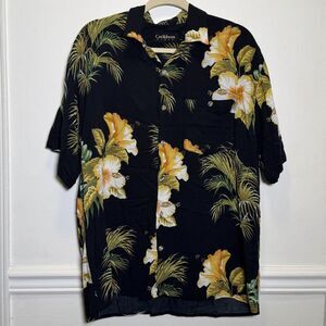 Vintage Resortwear Tropical Caribbean Blues Hawaiian Shirt Black Floral Rayon L